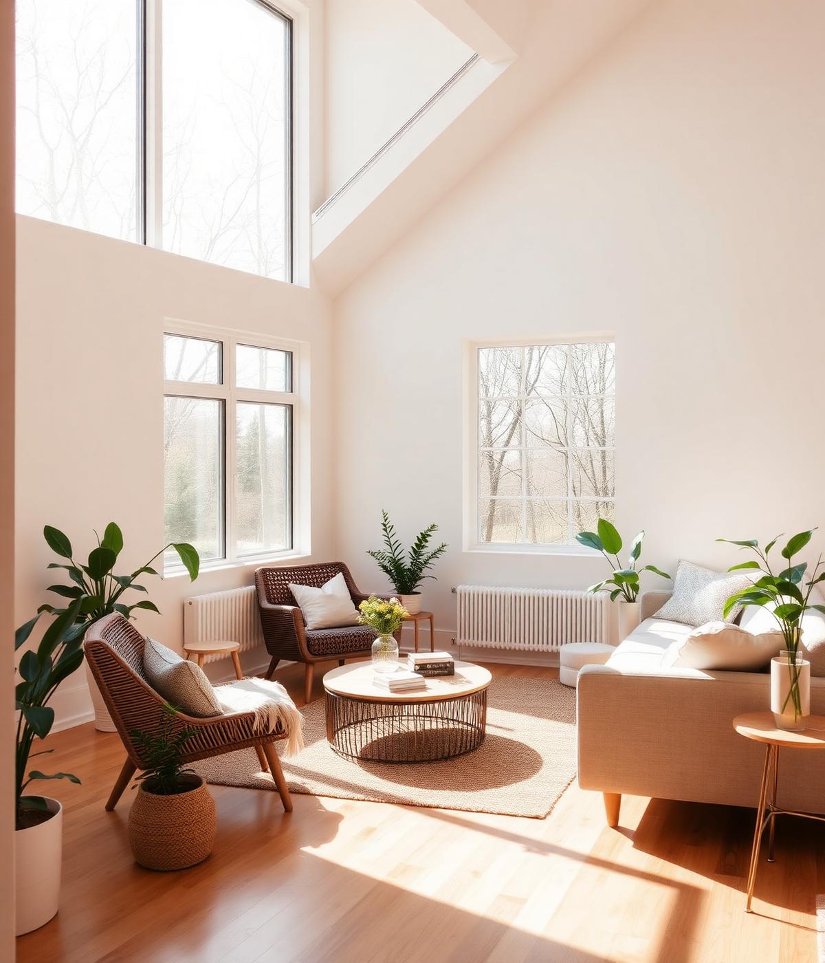 Sunlit modern living room interior with neutral tones