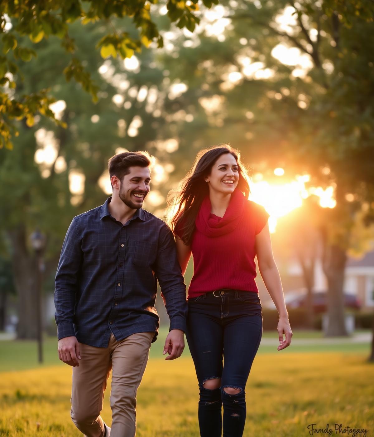 Young couple walking through Calgary neighborhood at sunset